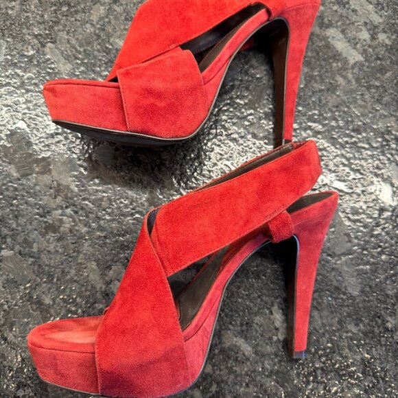 Diane von Furstenberg red suede slingback peep toe heels size 8.5M - Picture 7 of 12